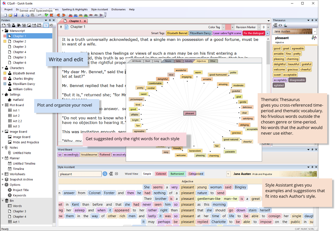 Plot and organize your novel Style Assistant gives you examples and suggestions that fit into each Author’s style. Write and edit Get suggested only the right words for each style Thematic Thesaurus gives you cross-referenced time-period and thematic vocabulary. No frivolous words outside the chosen genre or time-period. No words that the author would never use either.